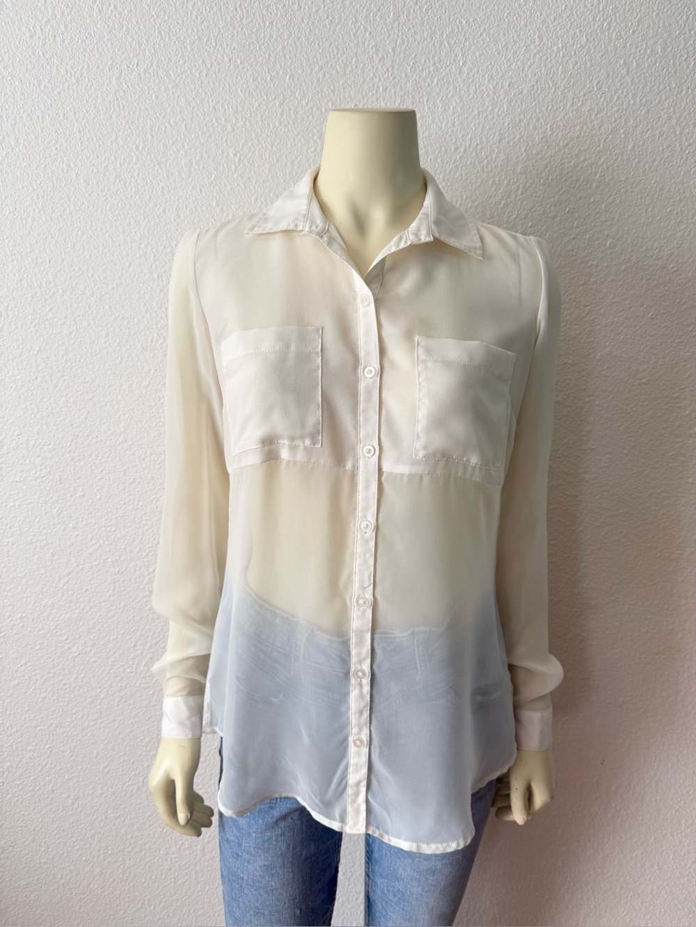 Candie’s Sheer White Button Down Blouse Size S Long Sleeve Pocket Chiffon Top
